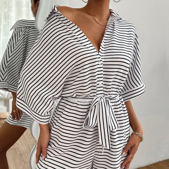 . Pants - White Boho Women's Striped Batwing Sleeve Front Button Romper